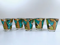 Load image into Gallery viewer, Ned Harris Signed Mid-Century Blue and Green Abstract Double Old Fashion Glasses (Set of 5)
