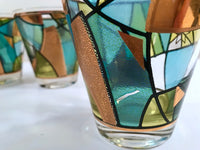 Load image into Gallery viewer, Ned Harris Signed Mid-Century Blue and Green Abstract Double Old Fashion Glasses (Set of 5)
