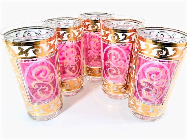 Fred Press Signed Pink and Gold Hollywood Regency Glasses (Set of 5)