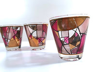 Load image into Gallery viewer, Ned Harris Signed Mid-Century Pink and Purple Abstract Double Old Fashion Glasses (Set of 3)
