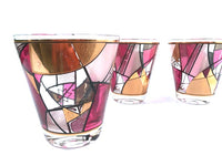 Load image into Gallery viewer, Ned Harris Signed Mid-Century Pink and Purple Abstract Double Old Fashion Glasses (Set of 3)
