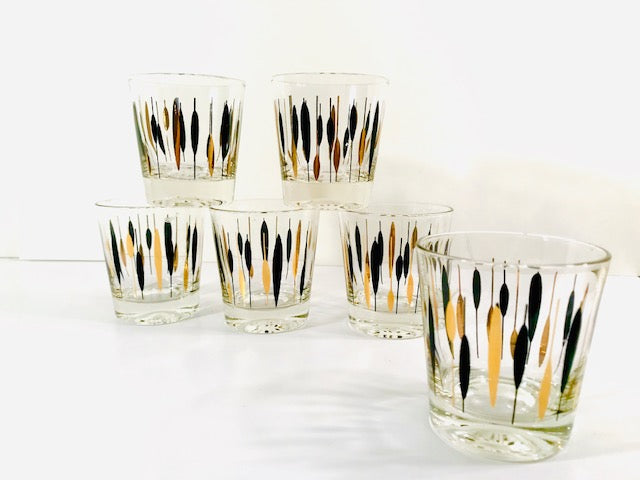 Federal Glass Gold and Black Cattail Glasses (Set of 6)