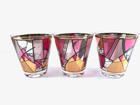 Load image into Gallery viewer, Ned Harris Signed Mid-Century Pink and Purple Abstract Double Old Fashion Glasses (Set of 3)
