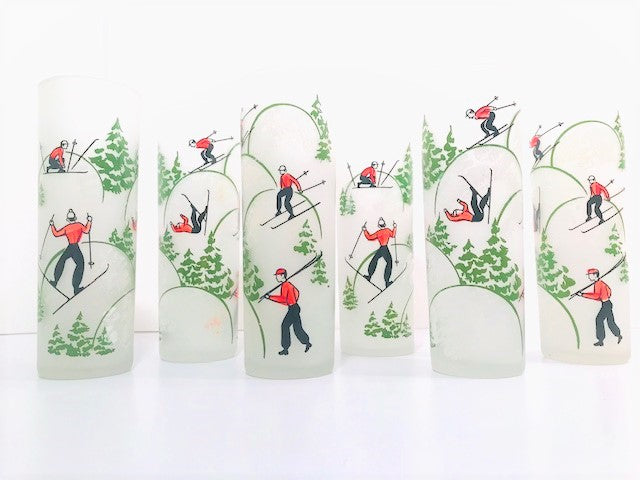 Federal Glass Mid-Century Downhill Skiing Tall Collins Glasses (Set of 6)