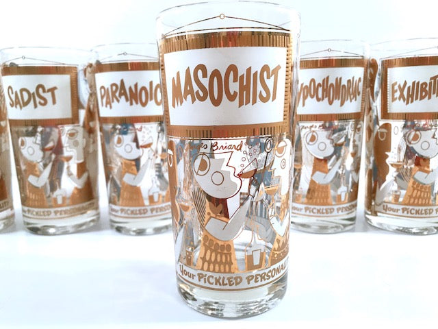 Georges Briard Signed Mid-Century Your Pickled Personality Highball Glasses (Set of 7)