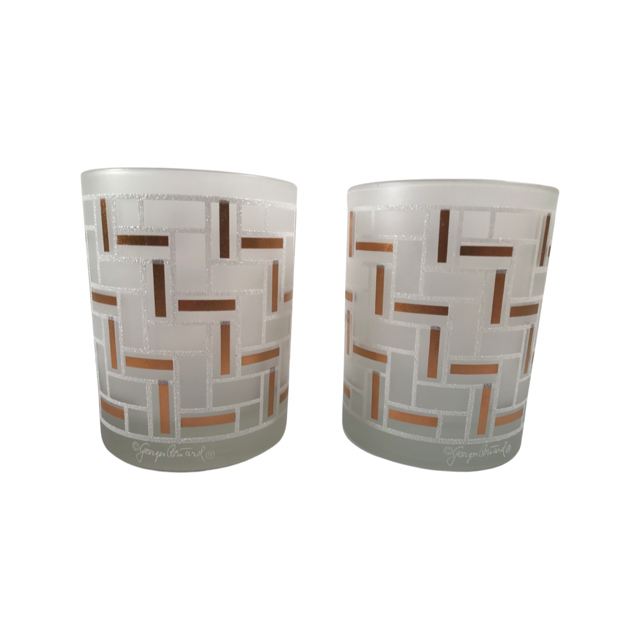 Georges Briard Signed Gold and Frosted Geometric Modern Double Old Fashion Glasses (Set of 2)