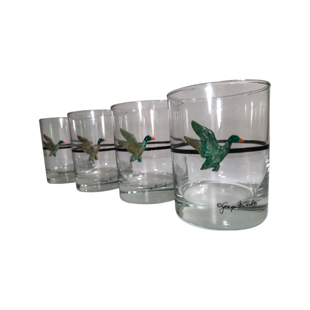 Georges Briard Signed Mid-Century Mallard Duck Double Old Fashion Glasses (Set of 4)