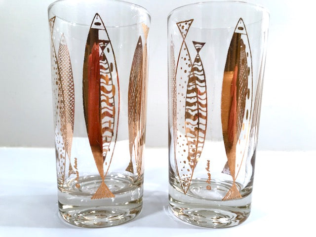 Fred Press Signed Mid-Century Clear & 22-Karat Gold Fish Highball Glasses (Set of 2)