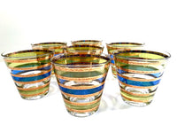 Load image into Gallery viewer, Culver Signed Mid-Century Rondo Blue-Green and Gold Stripe Old Fashion Glasses (Set of 7)
