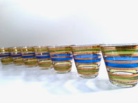 Load image into Gallery viewer, Culver Signed Mid-Century Rondo Blue-Green and Gold Stripe Old Fashion Glasses (Set of 7)
