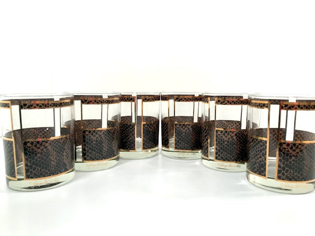 Georges Briard Signed Gold and Brown Snake Skin Double Old Fashion Glasses  (Set of 6)