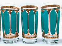 Load image into Gallery viewer, Fred Press Signed Mid-Century Turquoise Stripes &amp; 22-Karat Gold Crown Highball Glasses (Set of 6)
