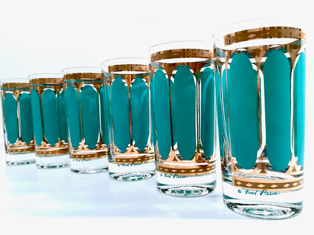 Fred Press Signed Mid-Century Turquoise Stripes & 22-Karat Gold Crown Highball Glasses (Set of 6)