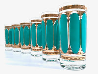 Load image into Gallery viewer, Fred Press Signed Mid-Century Turquoise Stripes &amp; 22-Karat Gold Crown Highball Glasses (Set of 6)
