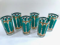 Load image into Gallery viewer, Fred Press Signed Mid-Century Turquoise Stripes &amp; 22-Karat Gold Crown Highball Glasses (Set of 6)
