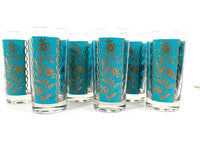 Load image into Gallery viewer, Federal Glass Persian Mid-Century Gold and Turquoise Highball Glasses (Set of 6)
