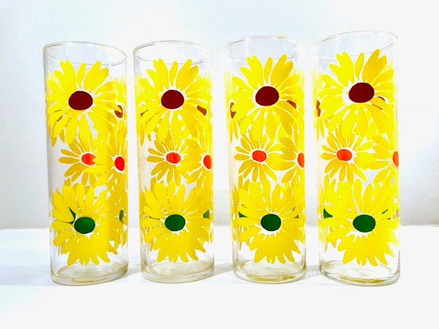 Federal Glass Retro Yellow Daisies Tall Collins Glasses (Set of 4)