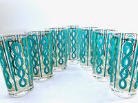 Load image into Gallery viewer, Fred Press Signed Mid-Century Turquoise and Gold Rope Highball Glasses (Set of 7)
