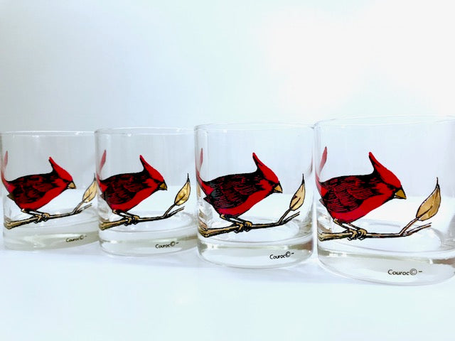 Couroc Signed Mid-Century Red Cardinal Old Fashion Glasses (Set of 4)