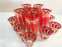 Load image into Gallery viewer, Fred Press Signed Mid-Century Red Stripes &amp; 22-Karat Gold Crown 12-Piece Set
