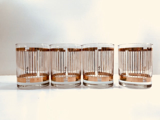 Georges Briard Signed Mid-Century 22-Karat Gold Striped Double Old Fashion Glasses (Set of 4)