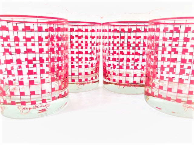 Georges Briard Signed Mid-Century Red Geometric Grid Double Old Fashion Glasses (Set of 4)