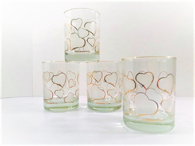 Culver Signed Mid-Century Frosted Hearts Double Old Fashion Glasses (Set of 4)