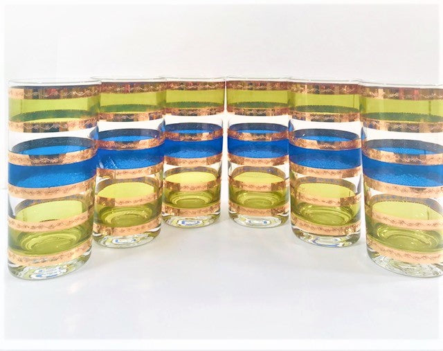 Culver Signed Mid-Century Rondo Blue-Green and Gold Stripe Highball Glasses (Set of 6)