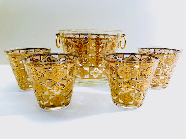 Culver Signed Mid-Century 22-Karat Gold Clover 5-Piece Cocktail Bar Set