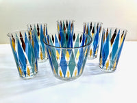 Load image into Gallery viewer, Mid-Century Blue, Green, Gold Harlequin 6-Piece Cocktail Set
