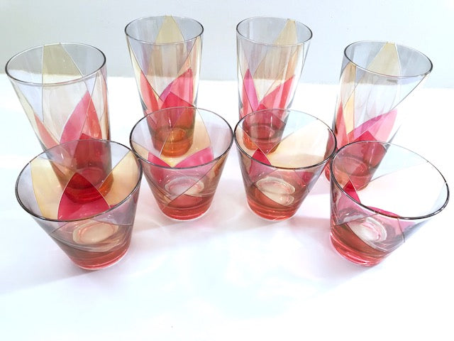 Mid-Century Pink, Gold and Blue 8-Piece Cocktail Set