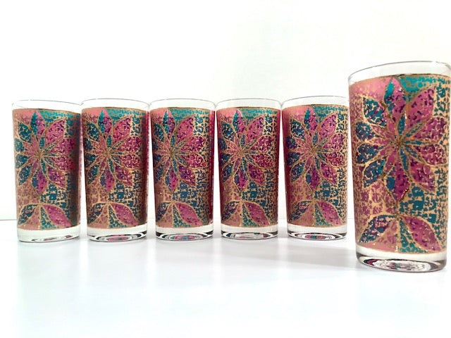 Georges Briard Signed Mid-Century Stained Glass Poinsettia Highball Glasses (Set of 6)