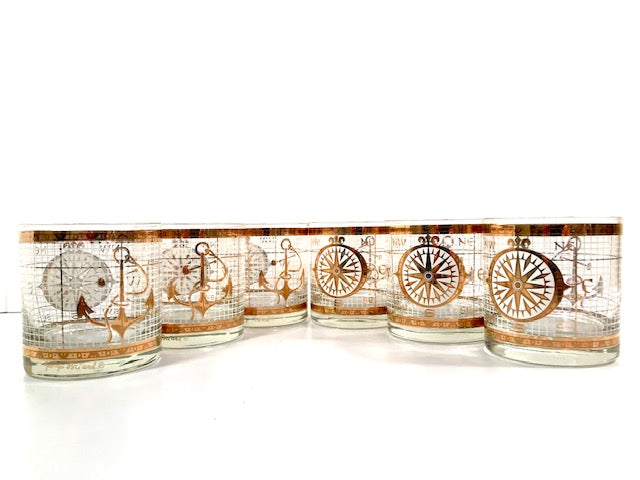 Georges Briard Signed Mid-Century Golden Nautical Glasses (Set of 6)