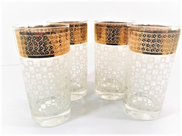 Georges Briard Signed Mid-Century White Checker and 22-Karat Gold Glasses (Set of 4)
