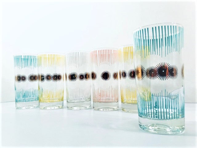 Fred Press Signed Mid-Century Atomic Sunburst Highball Glasses (Set of 6)