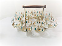 Load image into Gallery viewer, Federal Glass Mid-Century Turquoise and Gold Roly Poly 9 Piece Bar Set
