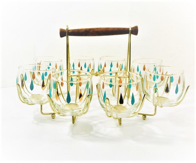 Federal Glass Mid-Century Turquoise and Gold Roly Poly 9 Piece Bar Set