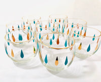 Load image into Gallery viewer, Federal Glass Mid-Century Turquoise and Gold Roly Poly 9 Piece Bar Set

