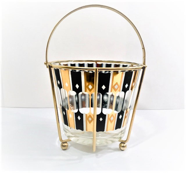Culver Signed Mid-Century Gold-Black and White Ice Bucket with Carrier
