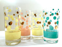 Load image into Gallery viewer, Fred Press Signed Mid-Century Yellow, Pink, Turquoise and 22-Karat Gold Bubble Glasses (Set of 4)
