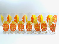 Load image into Gallery viewer, Colony Signed Retro Yellow and Orange Daisy Flower Power Tall Collins Glasses (Set of 7)
