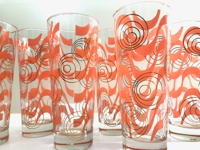 Gay Fad Mid-Century Coral and Gold Tall Collins Glasses (Set of 6)