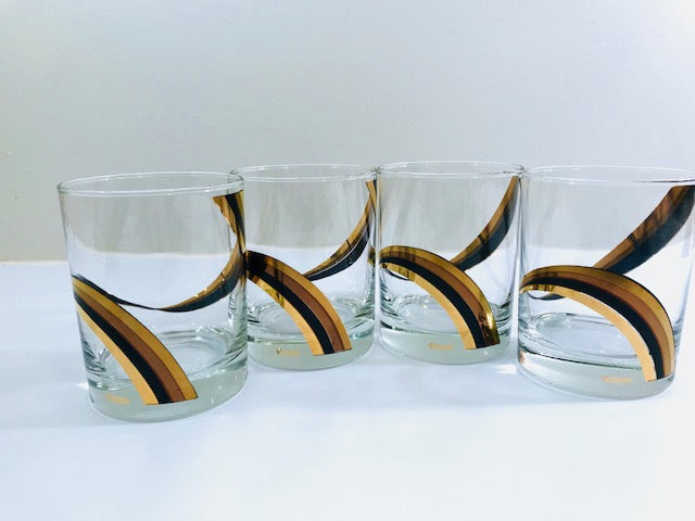 Culver Signed Black Gold and Copper Swirl Double Old Fashion Glasses (Set of 4)