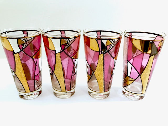 Ned Harris Signed Mid-Century Pink and Purple Abstract Glasses (Set of 4)