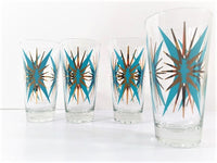 Load image into Gallery viewer, Federal Glass Inca Mid-Century Atomic Turquoise and 22-Karat Gold Starburst Glasses (Set of 4)
