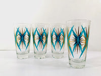 Load image into Gallery viewer, Federal Glass Inca Mid-Century Atomic Turquoise and 22-Karat Gold Starburst Glasses (Set of 4)

