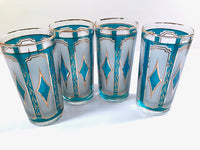 Load image into Gallery viewer, Libbey Mid-Century Emerald Blue &amp; 22-Karat Gold Diamond Glasses (Set of 4)
