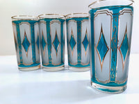 Load image into Gallery viewer, Libbey Mid-Century Emerald Blue &amp; 22-Karat Gold Diamond Glasses (Set of 4)
