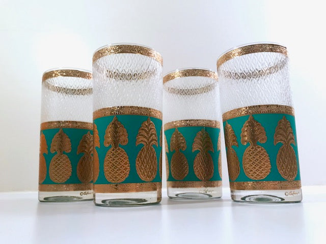 Culver Signed Mid-Century Gold and Turquoise Pineapple Glasses (Set of 4)