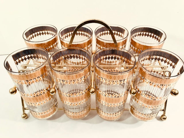 Culver Signed Mid-Century Barcelona 22-Karat Gold Highball Glasses 9-Piece Set